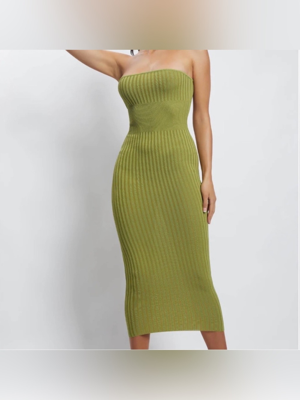 MESHKI STRAPLESS KNIT MIDI DRESS IN GREEN, SIZE S